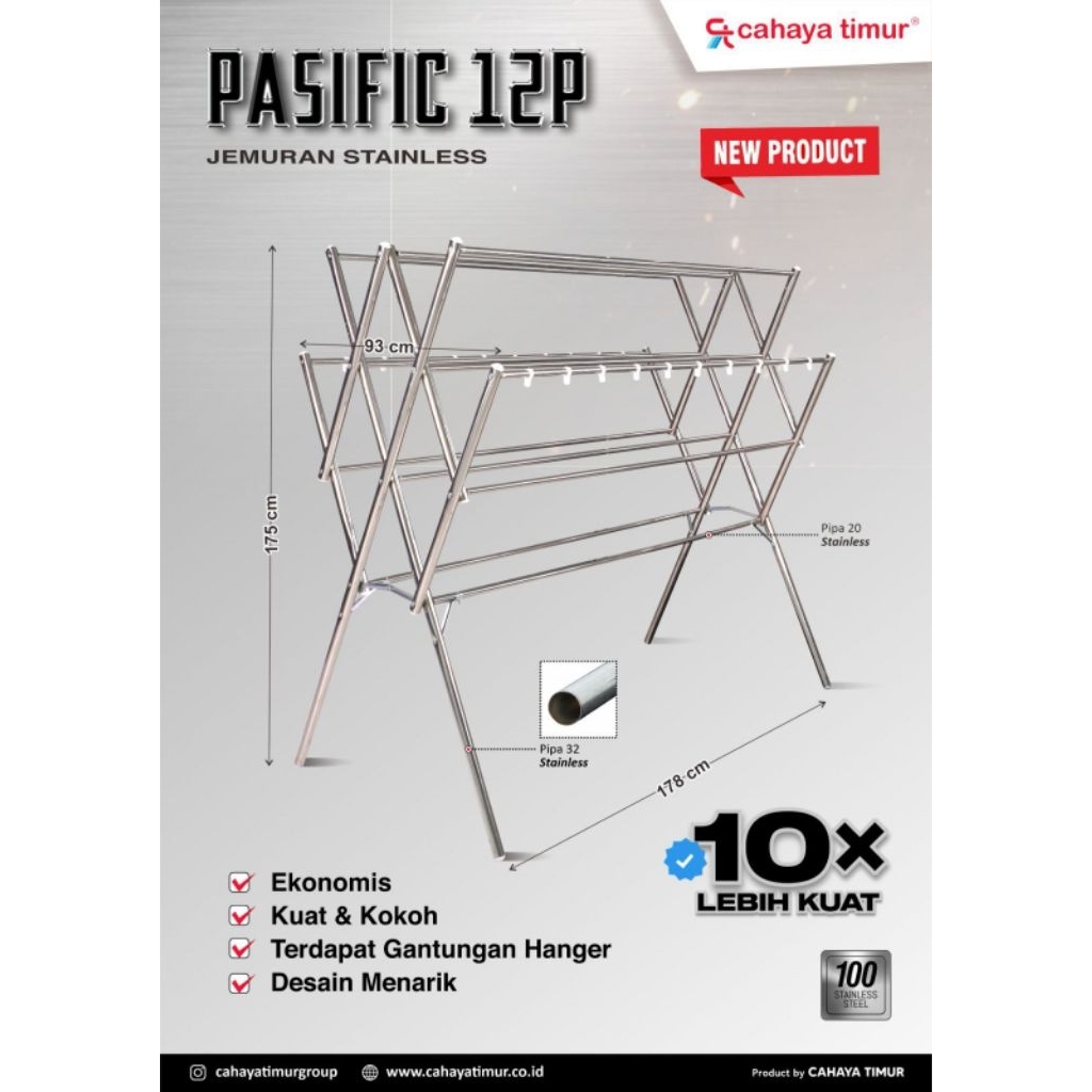 9898 - Jemuran Baju 12 Jalur - Stainless.- Kokoh & Awet