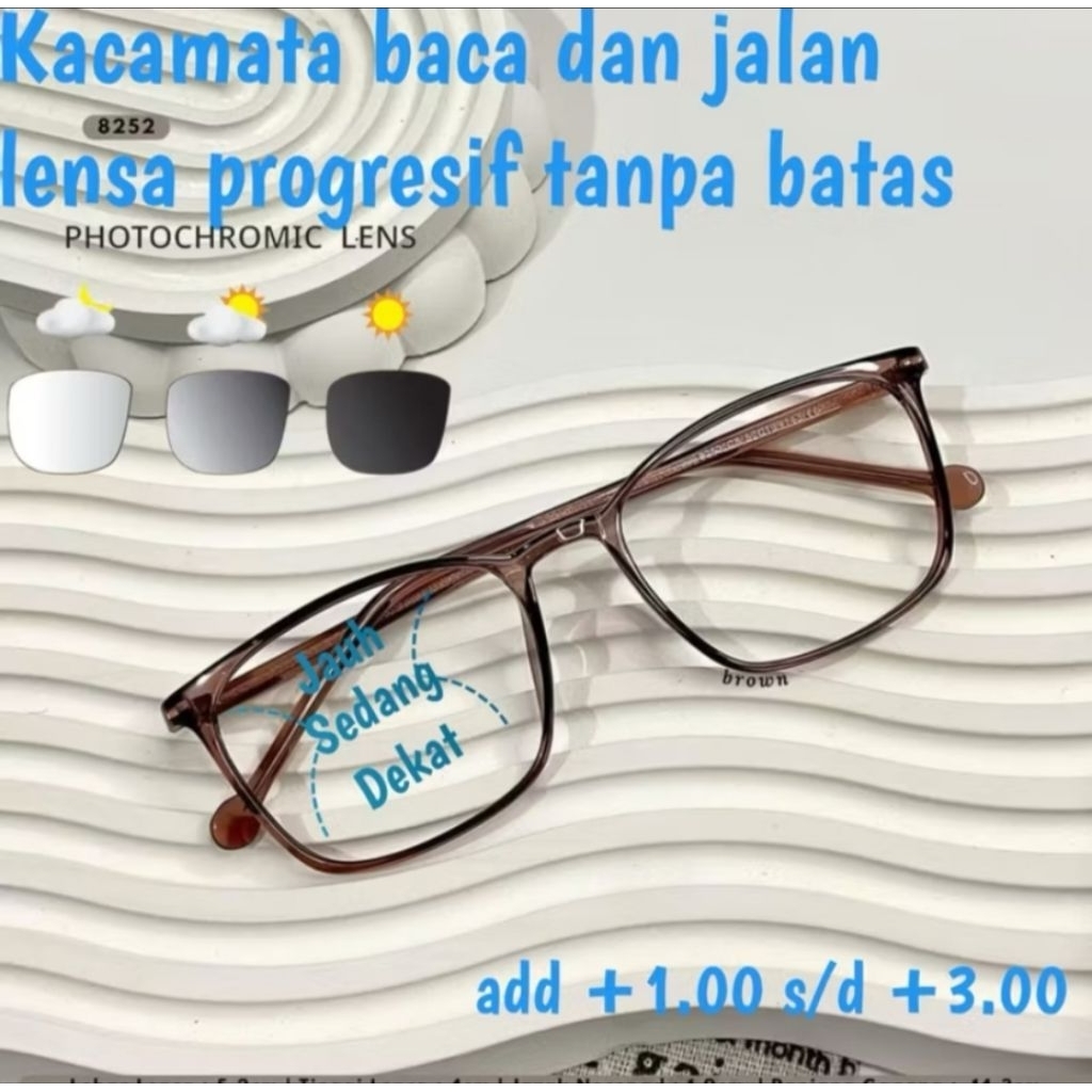 Kacamata baca plus progresive (baca dan jalan) lensa photocromic frame 8252 cowok dan cewek |kacamat