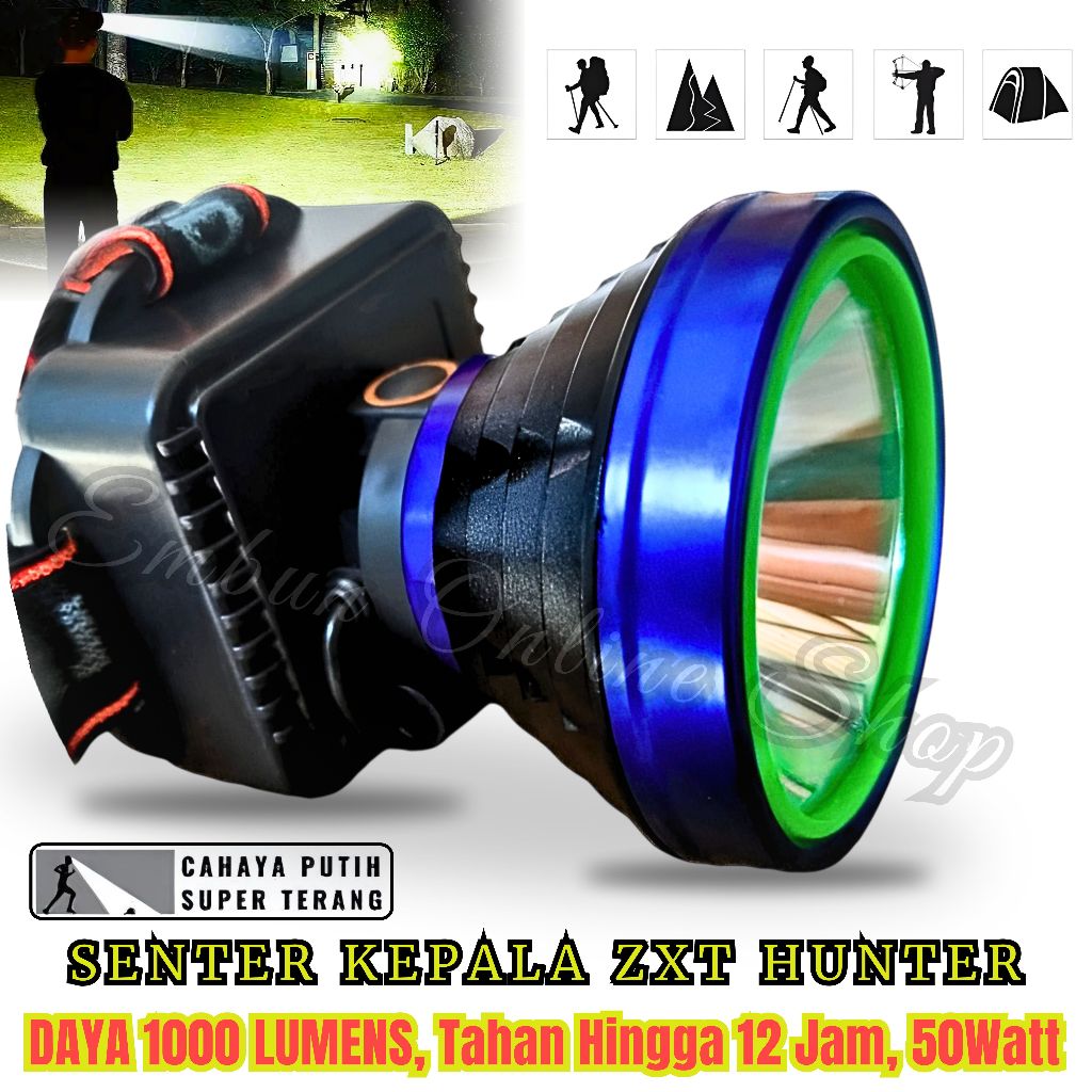 TERMURAH ~senter kepala super terang Zxt Hunter senter led super terang 50 Watt Cahaya Putih, Tahan 