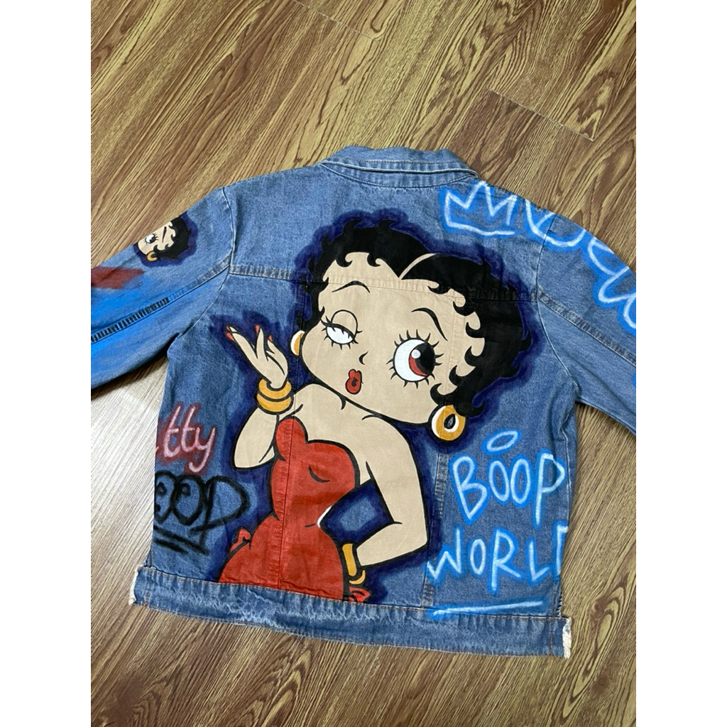 jaket jeans denim ripped robek lukis art painting betty boop