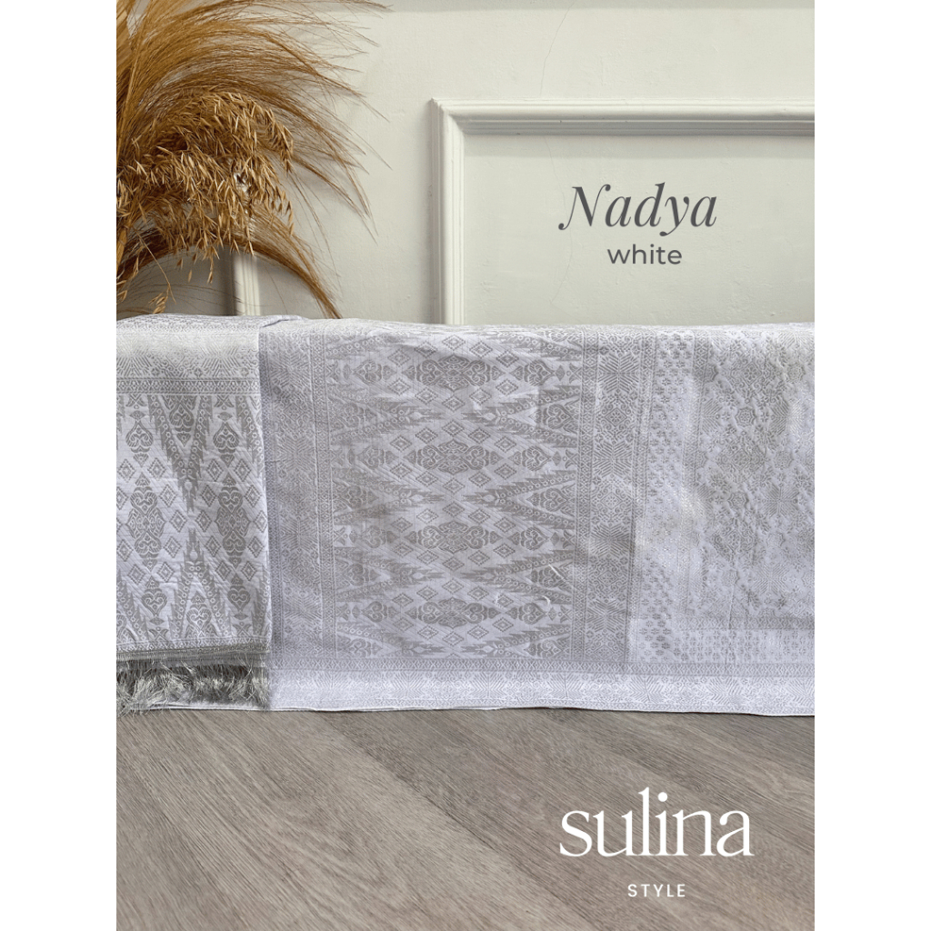 Sulina Style - Kain Songket Mesin & Selendang Putih White Benang Silver Dara & Nadya