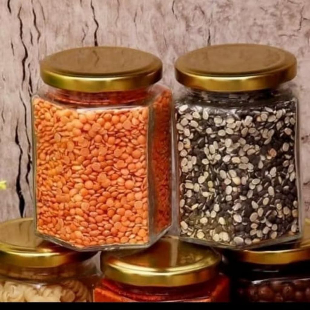 botol toples kaca hexagonal bening beling tempat madu ukuran kecil sampai besar bentuk segi enam tut