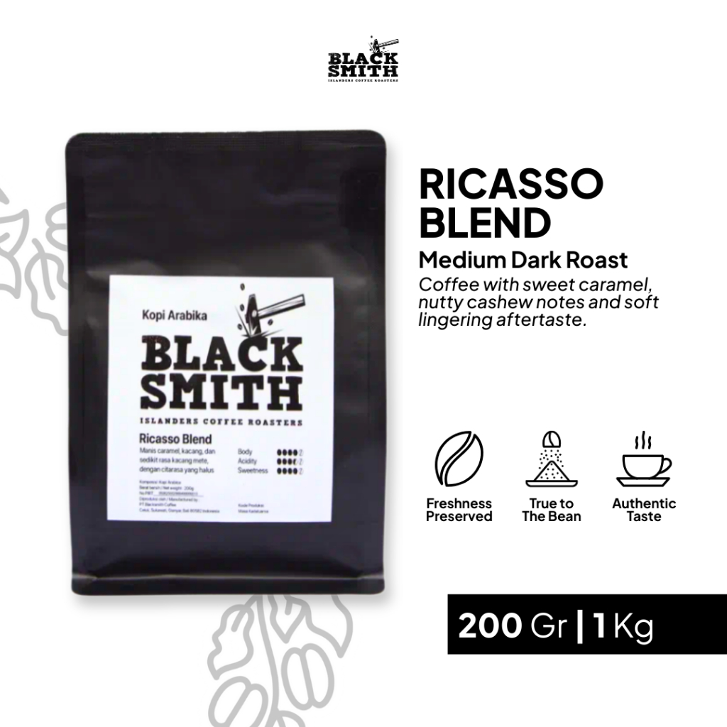

Kopi Bubuk Arabica Blacsmith Coffe Ricasso Blend Medium Dark Roast Rasa Manis Fruity