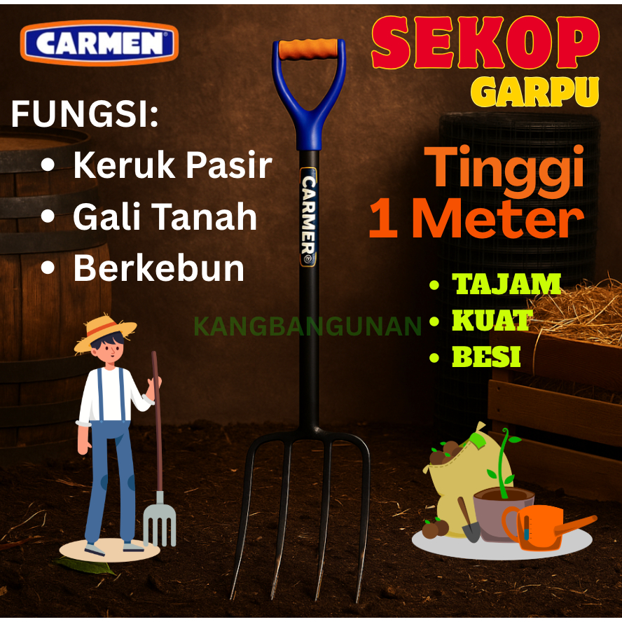 Carmen Sekop Garpu Spading Fork Tinggi 1 Meter Besi Baja Tebal Handle Plastik Lebar 23x29cm untuk Ga