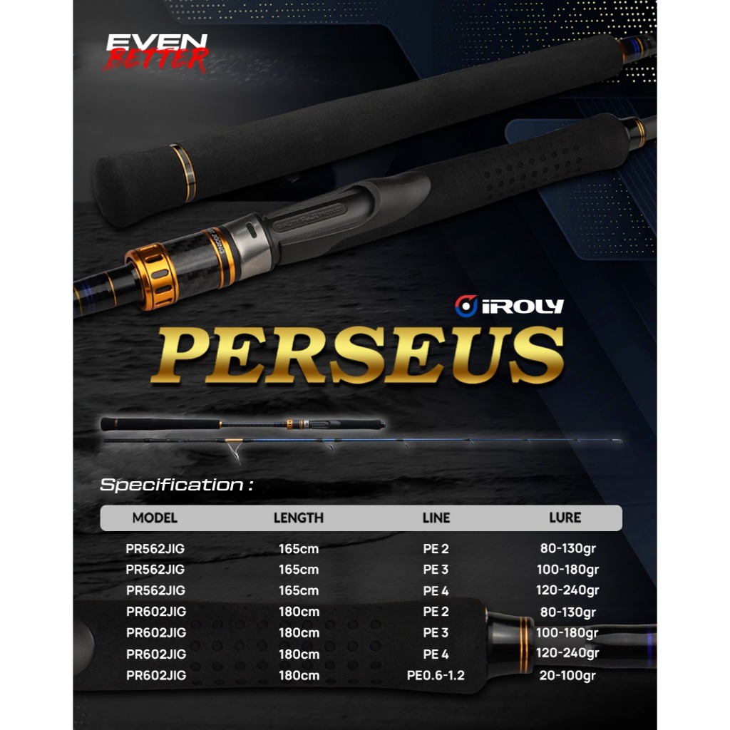 Joran Spinning Jigging IROLY PERSEUS 25 SP 602S / 180CM PE-2 Berbahan Hollow Carbon Desain Modern Ri