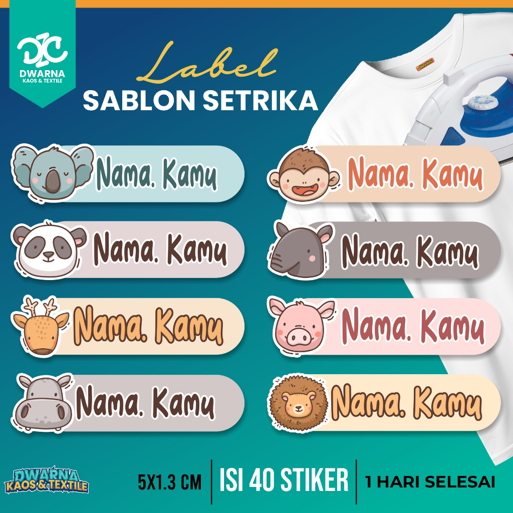 

LABEL SABLON SETRIKA, LABEL NAMA, SABLON LABEL KAOS, LABEL NAMA, SABLON DTF, ANIMAL, HEWAN CUTE, LUCU