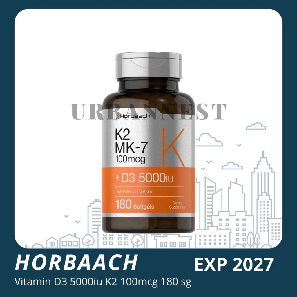 Vitamin D3 125mcg 5000IU K2 MK7 100mcg Horbaach 180 Softgels imunitas Vit D3K2 5000 iu 100 mcg