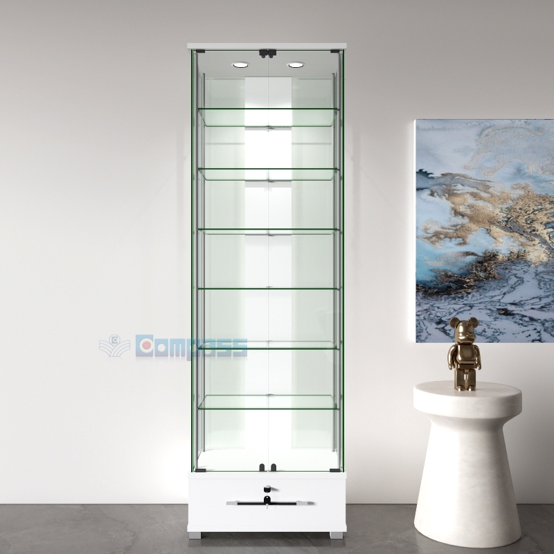 DX7.5 Lemari Display Cabinet 6 Rak Kaca Minimalis dengan Laci Pajangan Etalase Pajang Tempat Tas Kol