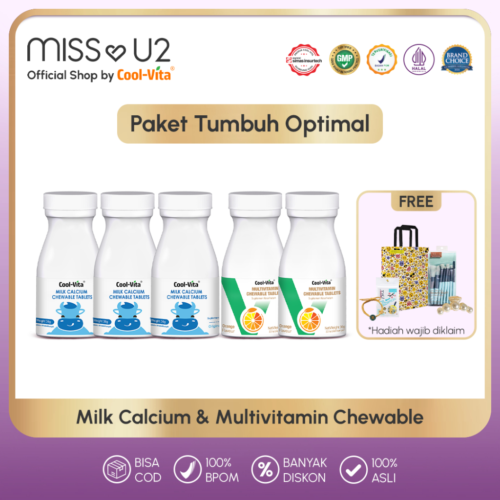 COOLVITA ORIGINAL PAKET TUMBUH OPTIMAL Tablet Kunyah 3 Botol Milk Calcium + 2 Botol Multivitamin Che