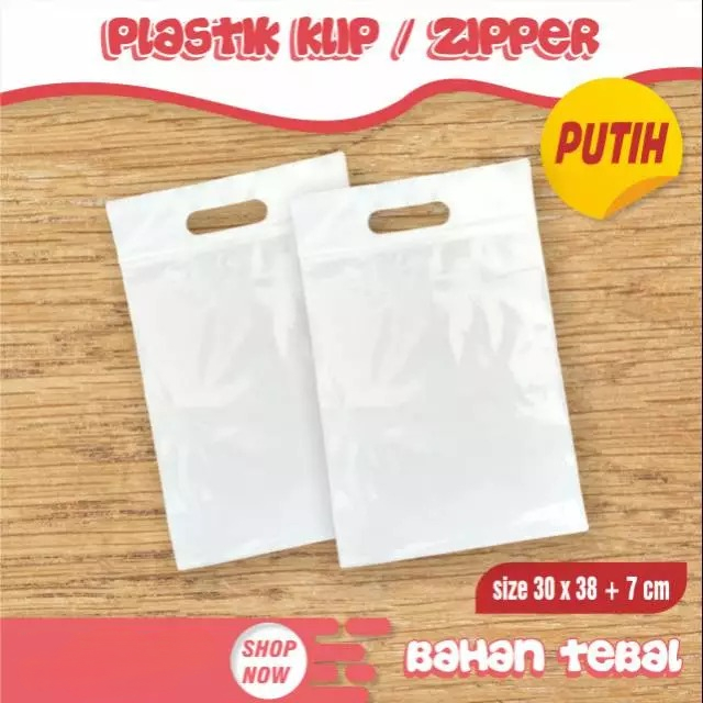 [100 PCS] PLASTIK ZIPLOCK BAJU - PLASTIK KLIP BAJU BESAR WARNA PUTIH SUSU UKURAN 30x38+7 CM