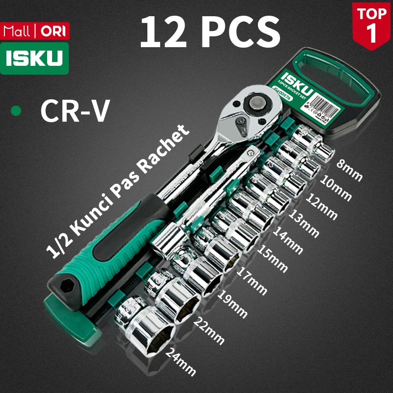 ISKU Kunci Sok Set 12 Pcs 10 Pcs 1/2 1/4 Inch Drive Socket Wrench Gagang Ratchet L 72 Gigi 24 Gigi A