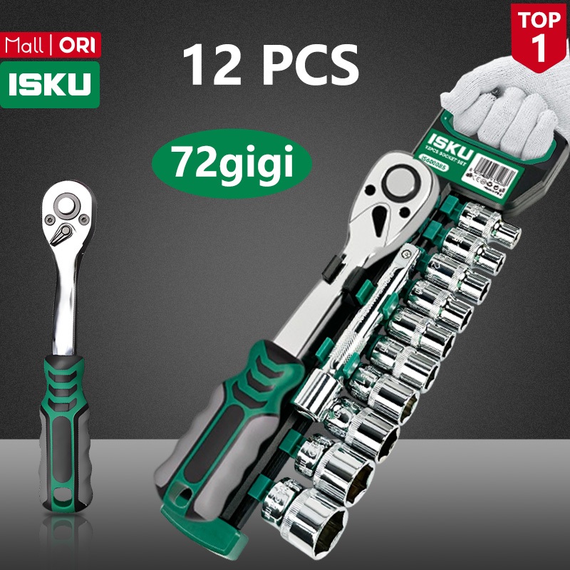 ISKU Kunci Sok Set 12 Pcs 1/2 Dan 1/4 Inch Gagang Ratchet Wrench 72 Gigi 24 Gigi Kunci Pasok CRV Ala