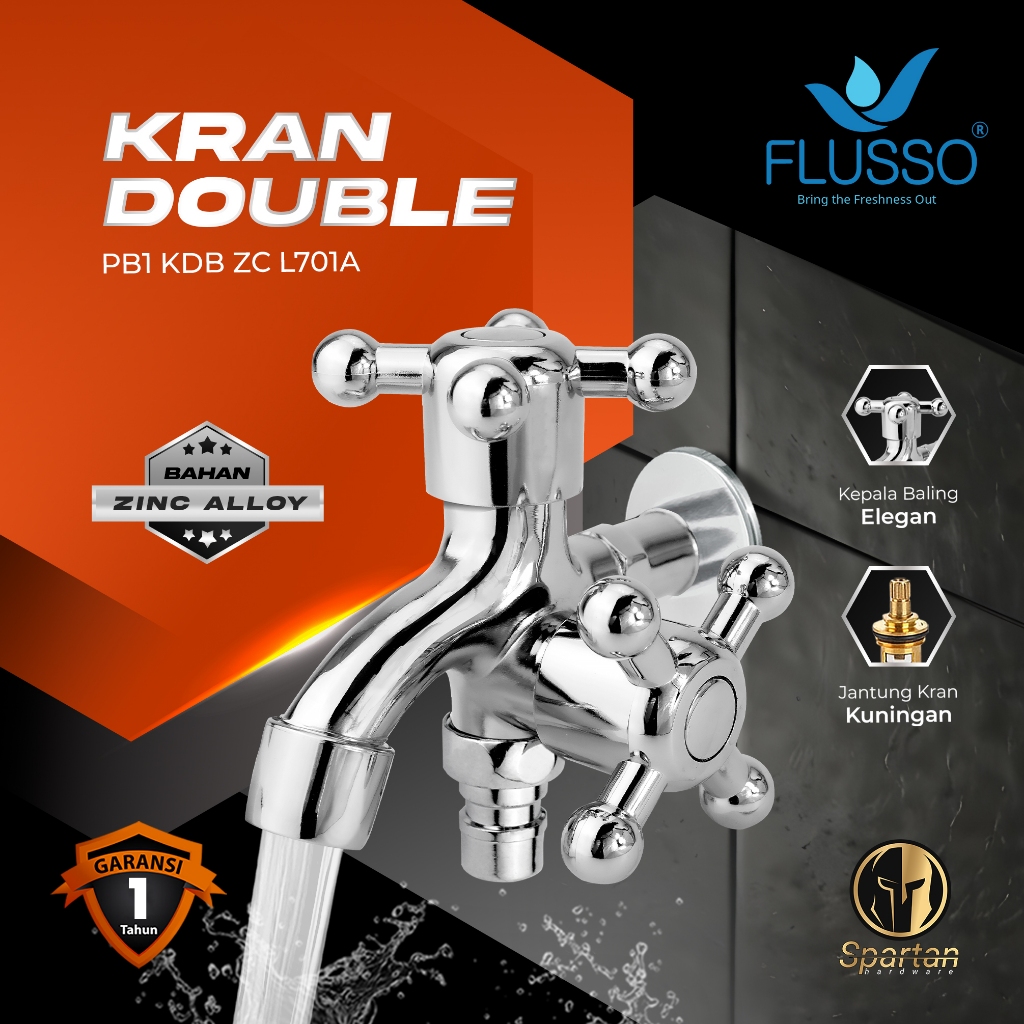 Kran Cabang 2 Double Shower Kamar Mandi Flusso Stainless Baling 598 Flusso