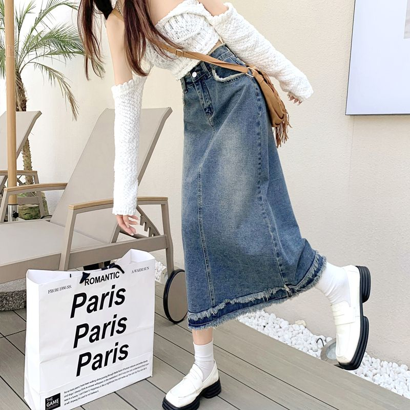 Emily Rok-Rok Midi Denim Fashion Rok A-line Highwaist Biru Retro