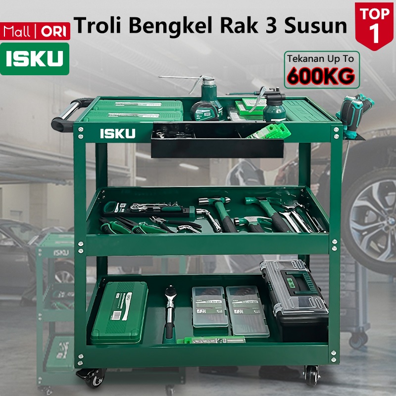 ISKU Troli Bengkel 3 Susun Rak Perkakas Tool Cart Heavy Duty Service Cart Rak Penyimpanan Barang Mob