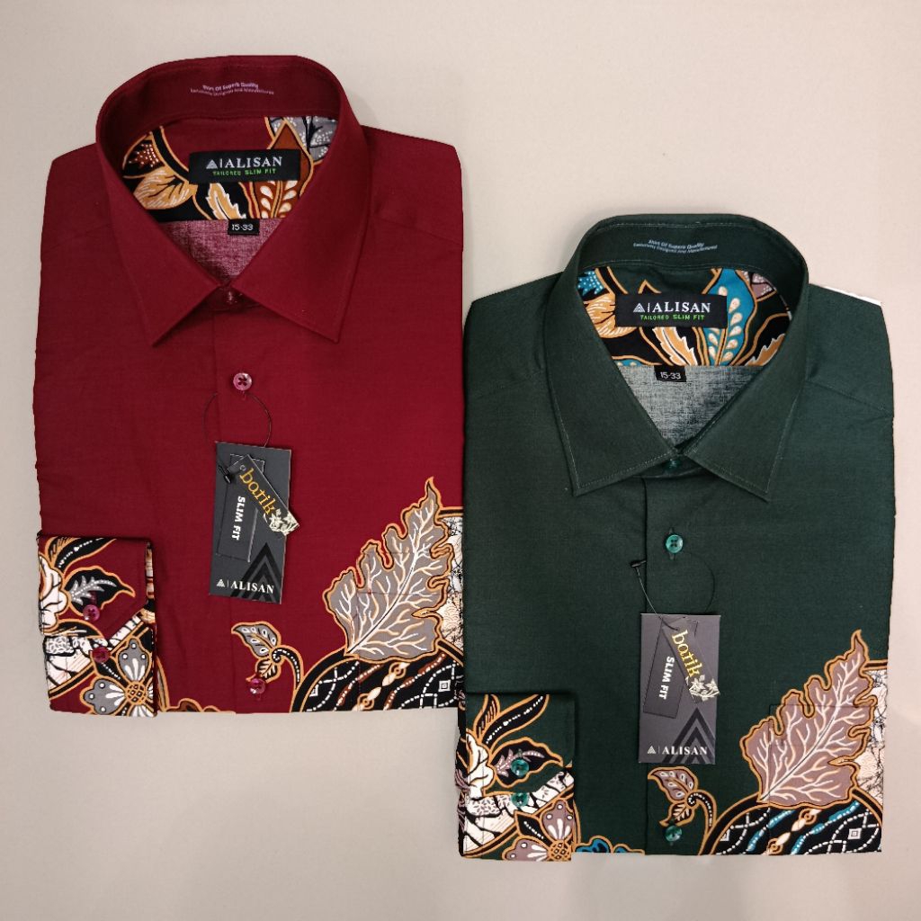 LENGAN PANJANG Alisan Batik Motif Daun Kipas Slimfit Hijau/Maroon