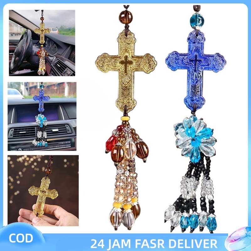 RF - Gantungan Salib Spion Mobil Crystal Cross Gantungan Mobil Kristen Salib Mobil Gantungan