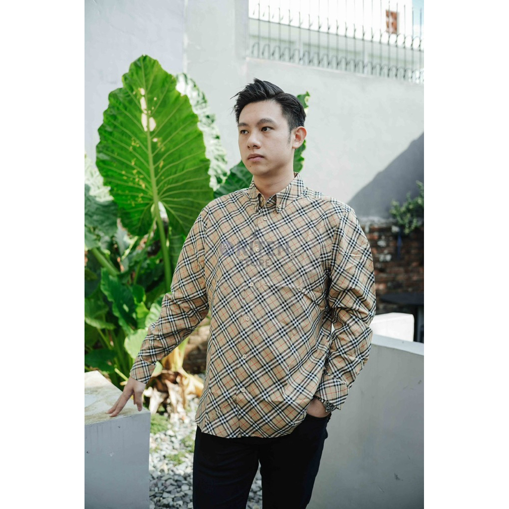 Burberry Check Cotton Long Sleeve Shirt Sand Original / Kemeja Burberry Authentic