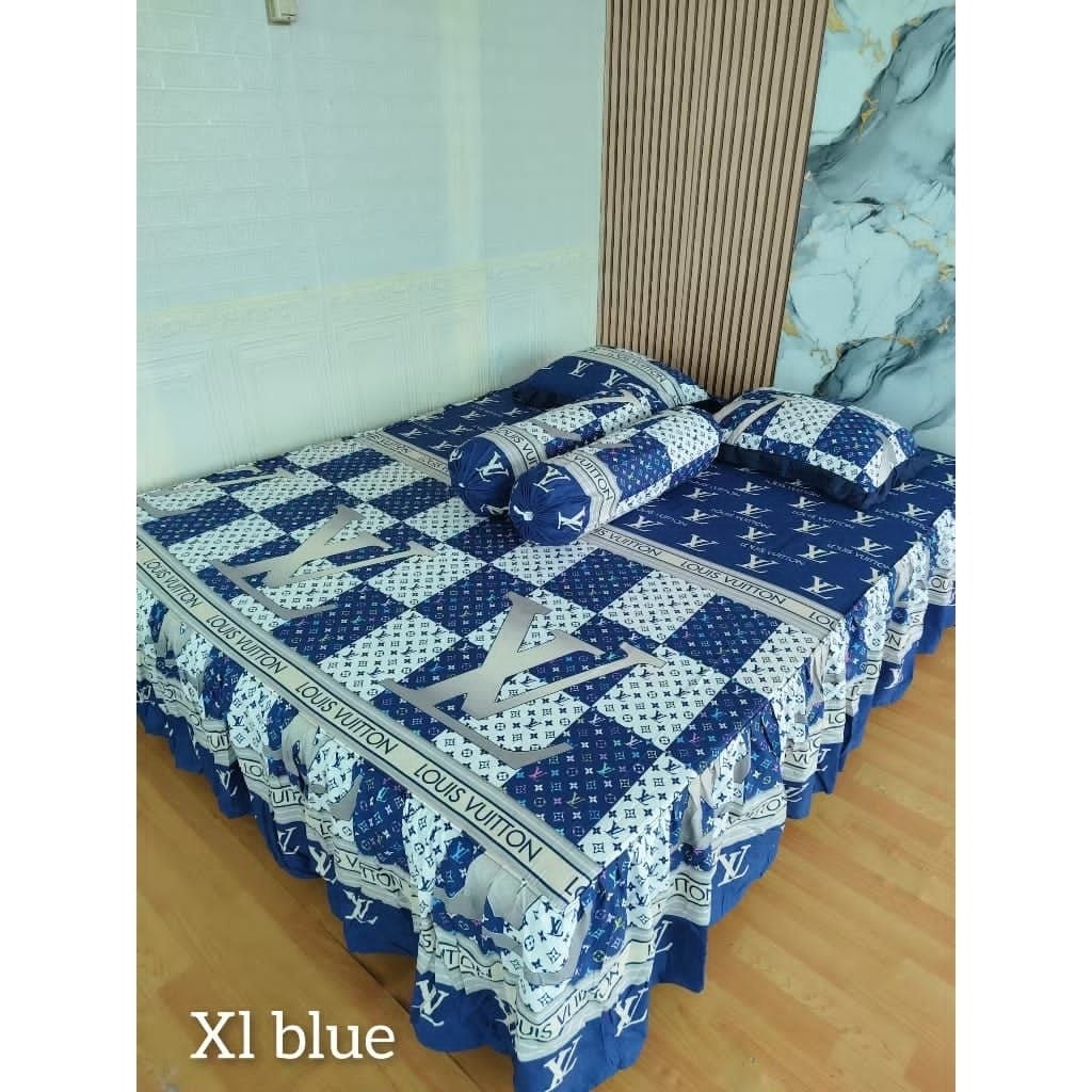 Sprei Rumbai Premium Set 160/180/200 Queen King Motif Brand LV blue navy