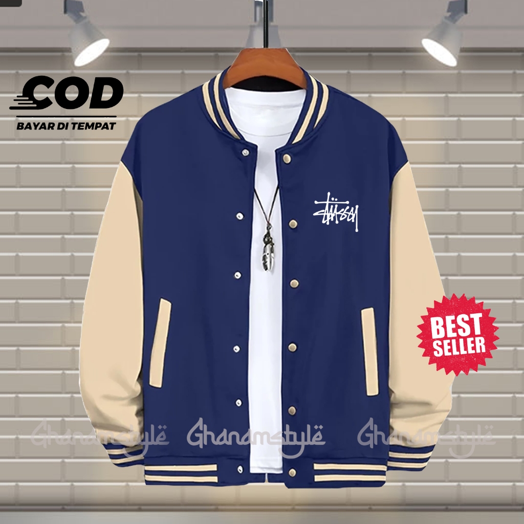 Jaket Varsity Stussy Logo Dada Putih - Varsity resleting pria wanita bahan tebal adem keren - Jaket 