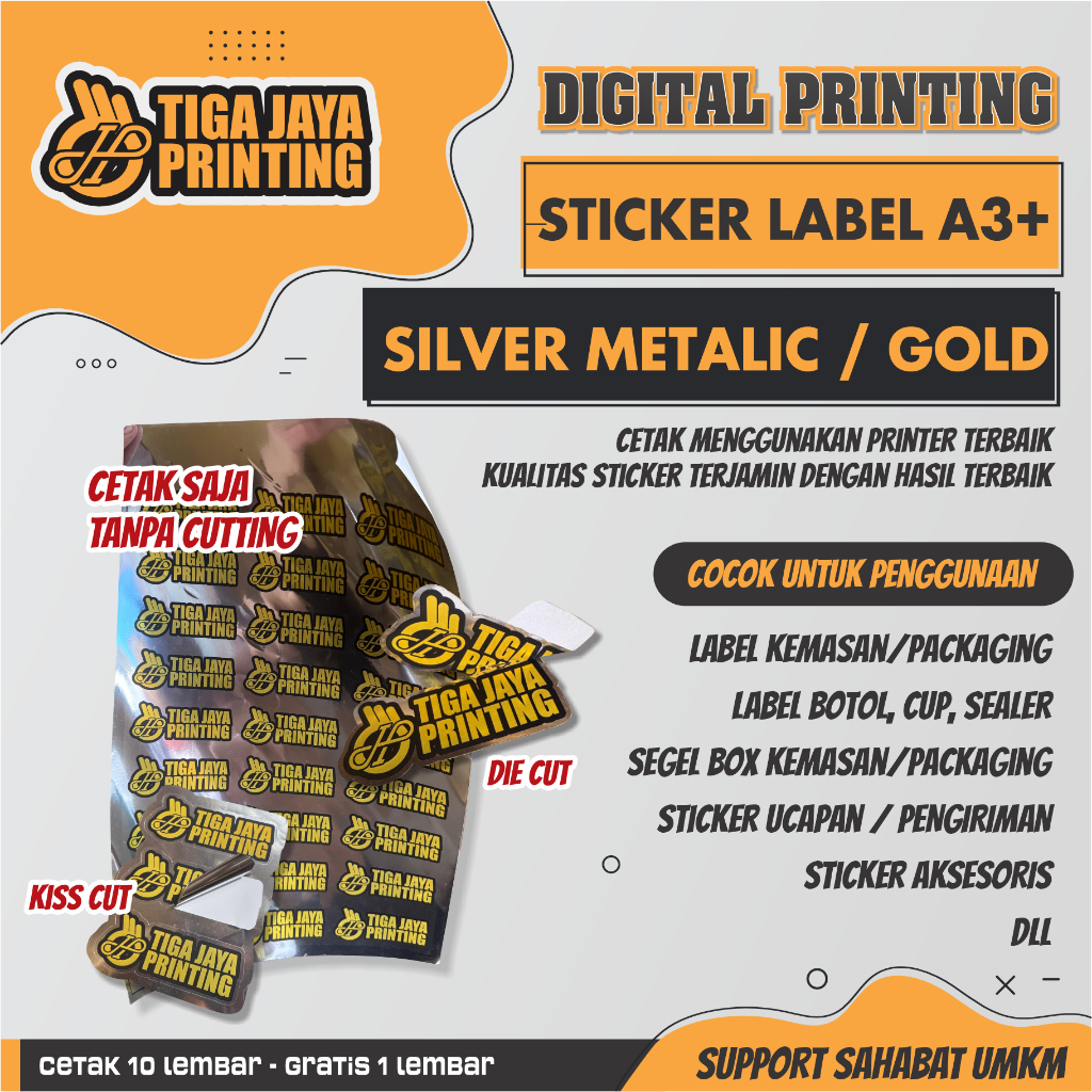 

CETAK STIKER SEGEL SILVER METALIC A3+ CUSTOM ANTI AIR KISS CUT DIE CUT VINYL STIKER LABEL MAKANAN