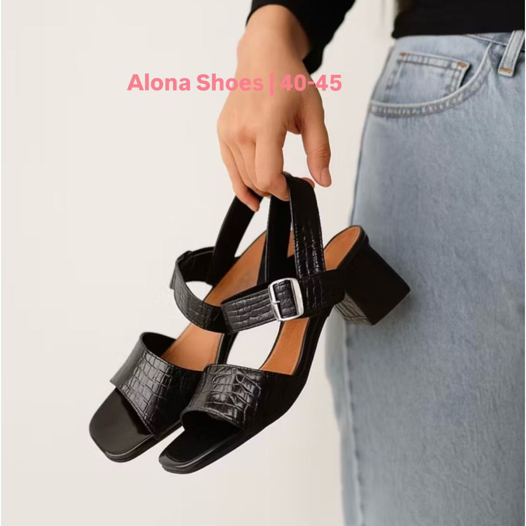 AS - 109 Patricia Sandal Wanita Kulit Croco BIGSIZE 40.45 Hitam Sandal Heels Ukuran Jumbo