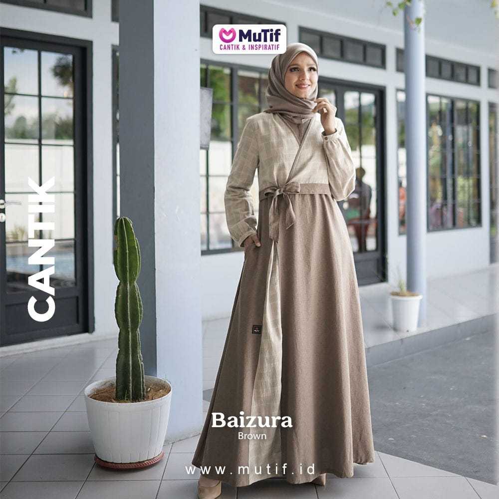 MUTIF Gamis BAIZURA Brown Baju Dress Wanita Muslim Katun Remaja Dewasa S-3XL