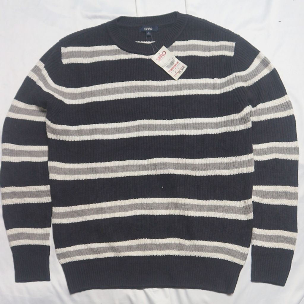 NEW SPAO BNWT Stripe Salur Navy Lidi Knitwear Sweater Sweatshirt Crewneck Rajut Wool Jaket