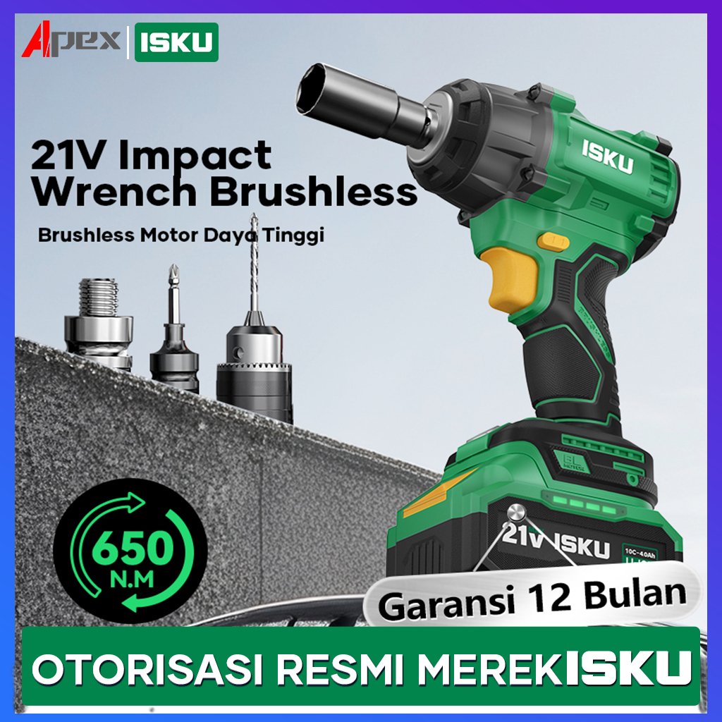 ISKU Mesin Bor Impact Baterai Cordless Electric Impac Impek Wrench Buka Baut Ban Mobil Motor Truk CV