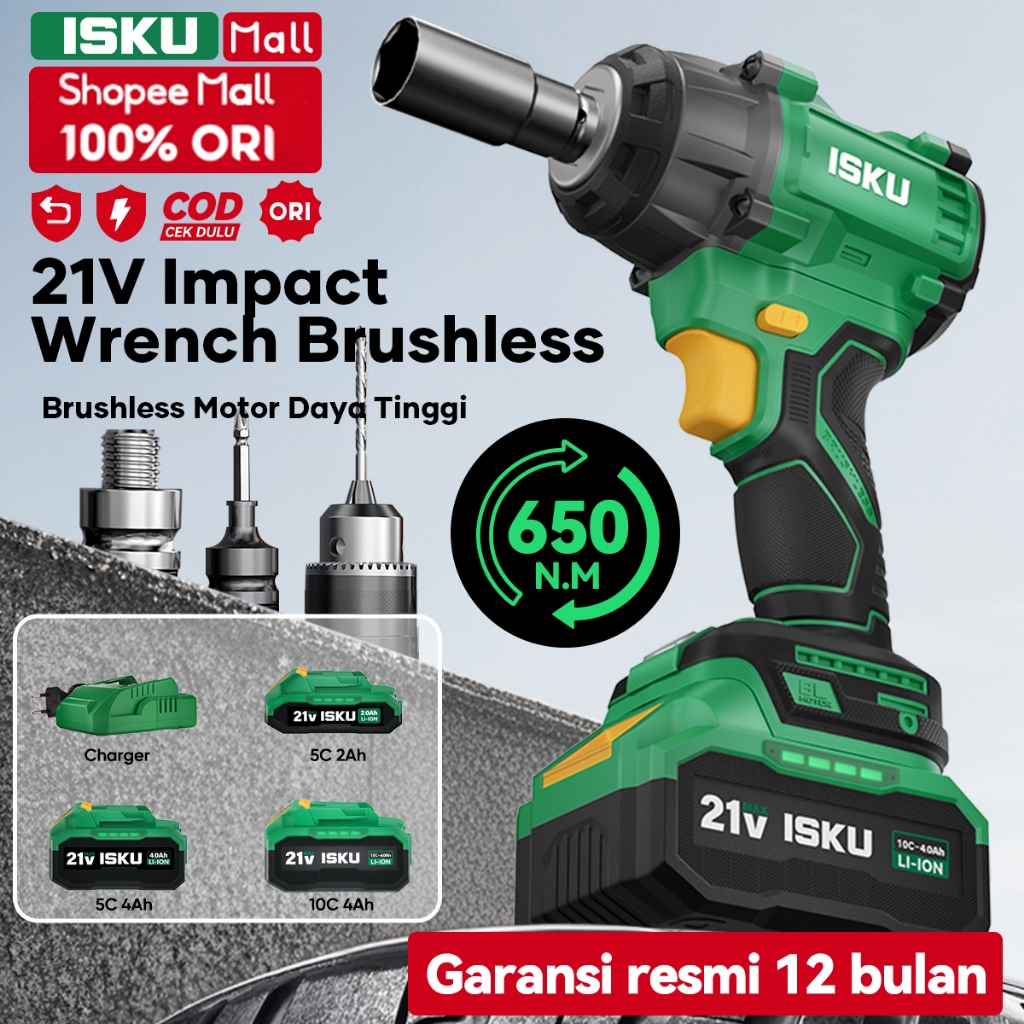 ISKU 21V Impact Wrench 650N.M  Kunci Listrik Impact- Motor Tanpa Sikat Dan Sistem Pendinginan Vortex