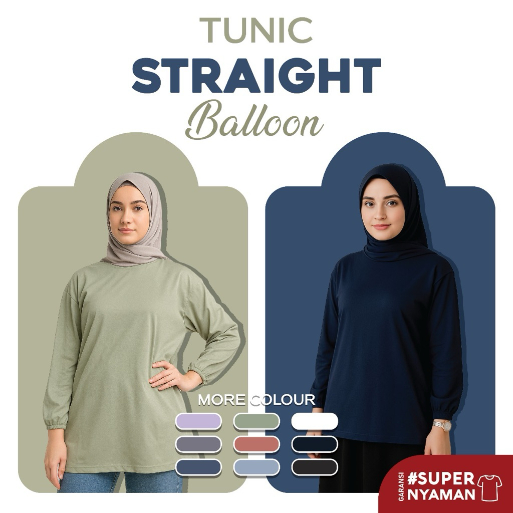 Tunic Balloon Straight - Tunik Kaos Polos Lengan Panjang Wanita Lengan Balon Cotton Combad 28s