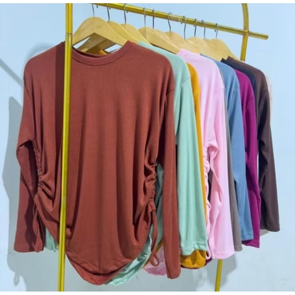 Atasan Rib Knit Serut Lengan Panjang - Atasan Wanita Rib Knit Serut Samping