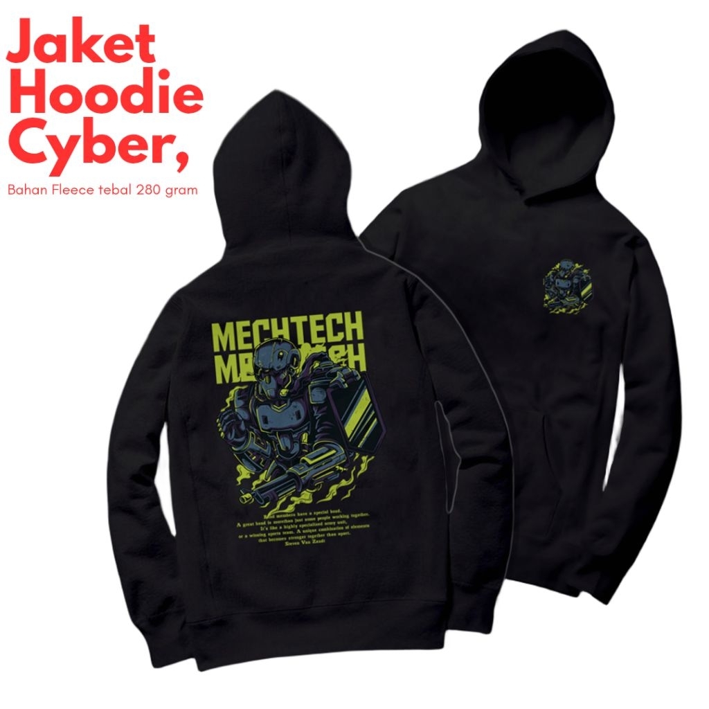 Jaket Hoodie Fashion Pria Wanita Unisex Fleece Hitam Keren Terbaru CyberPunk 08 ( Mech Tech ) Print
