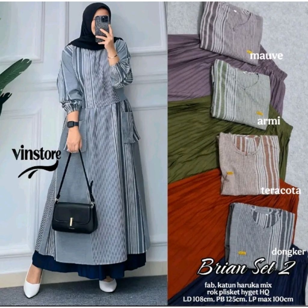 Brian set# atasan tunik&rok plisket tebal adem