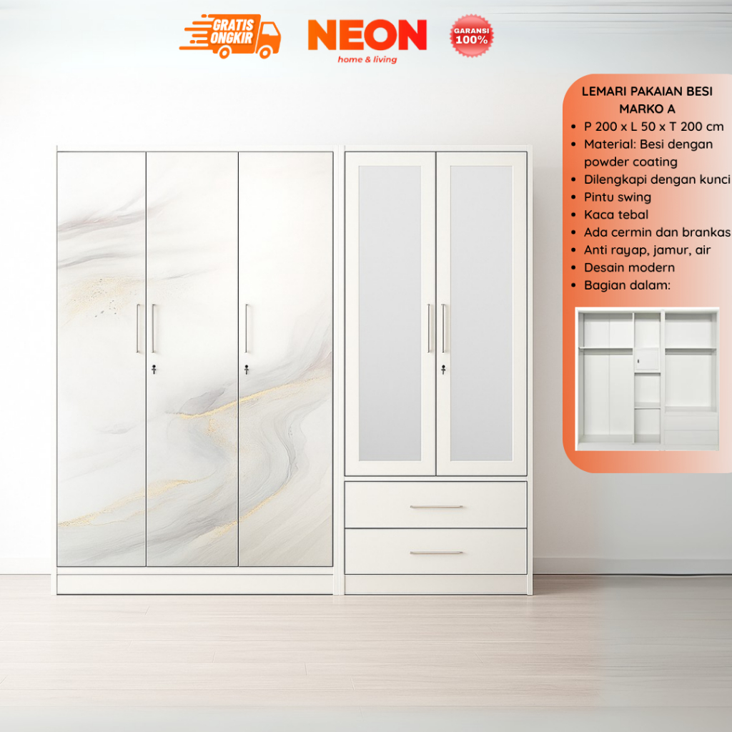NEON Lemari Pakaian Besi Marko 5 Pintu Swing Minimalis | Lemari Baju Anti Rayap Makassar