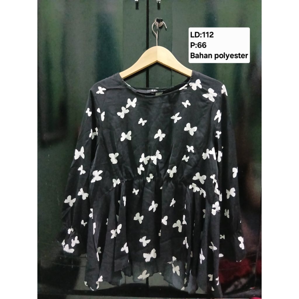 (COD)Atasan blouse lengan panjang baby doll wanita warna hitam motif kupu-kupu