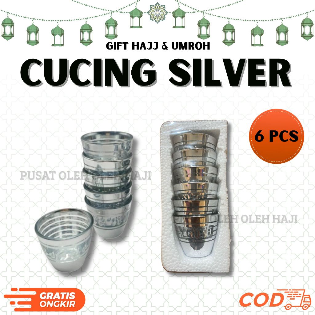 GELAS CUCING SILVER 6 PCS GELAS KACA KHAS ARAB GELAS AIR ZAM ZAM GELAS SLOKI GELAS KECIL GELAS OLEH 