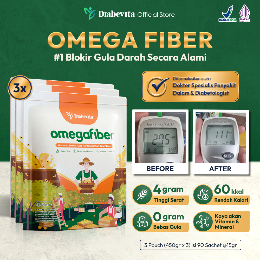 

Diabevita Bundling Omega Fiber 3 Pouch (isi 90 sachet) - GET FREE 1 TRIAL PACK MULTIGRAIN
