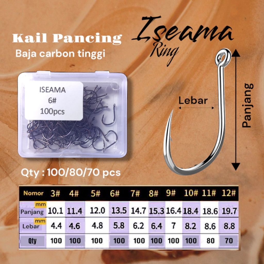 Kail pancing ISEAMA ring 100/80/70pcs per kotak. Mata kail tajam carbon steel