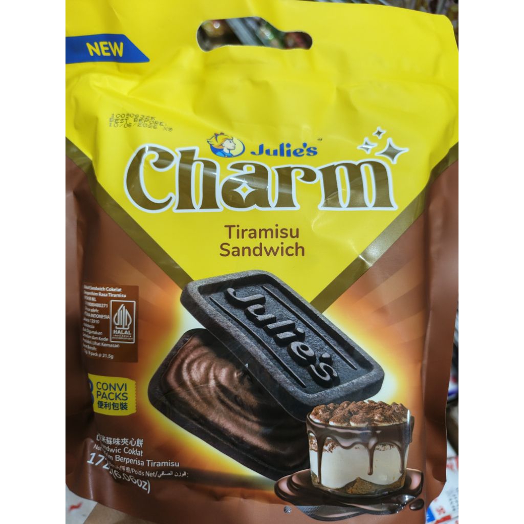 

Julie's Biscuit Charm Tiramisu Sandwich in 8 convi packs. Biskuit Sandwich Coklat dengan Krim Berperisa Tiramisu