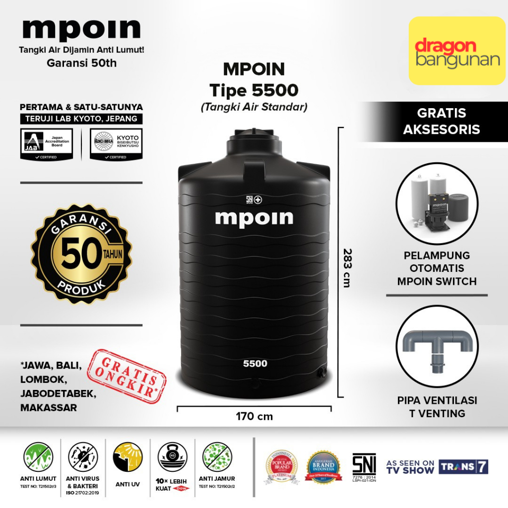 Toren / Tandon / Tangki Air Mpoin Plus 5500 / Mpoin Wave 5500 Hitam