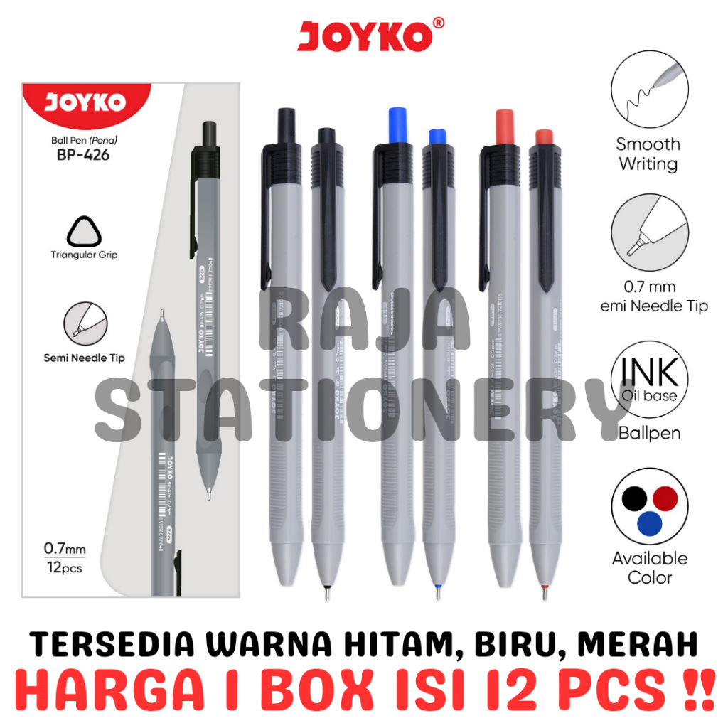 

JOYKO BALL PEN CLICKER BLACK BLUE RED PENA PULPEN CETEK JOYKO HITAM BIRU MERAH LUSIN BOX BP-426 [12PCS]