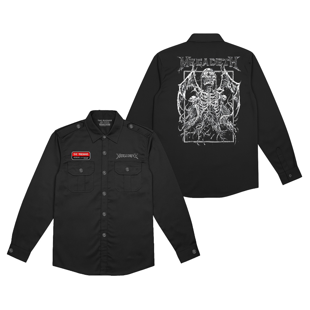 The Wasnas Workshirt Lengan panjang Megadeth Skull kemeja kerja pdh warna hitam pdl kemeja pria wani