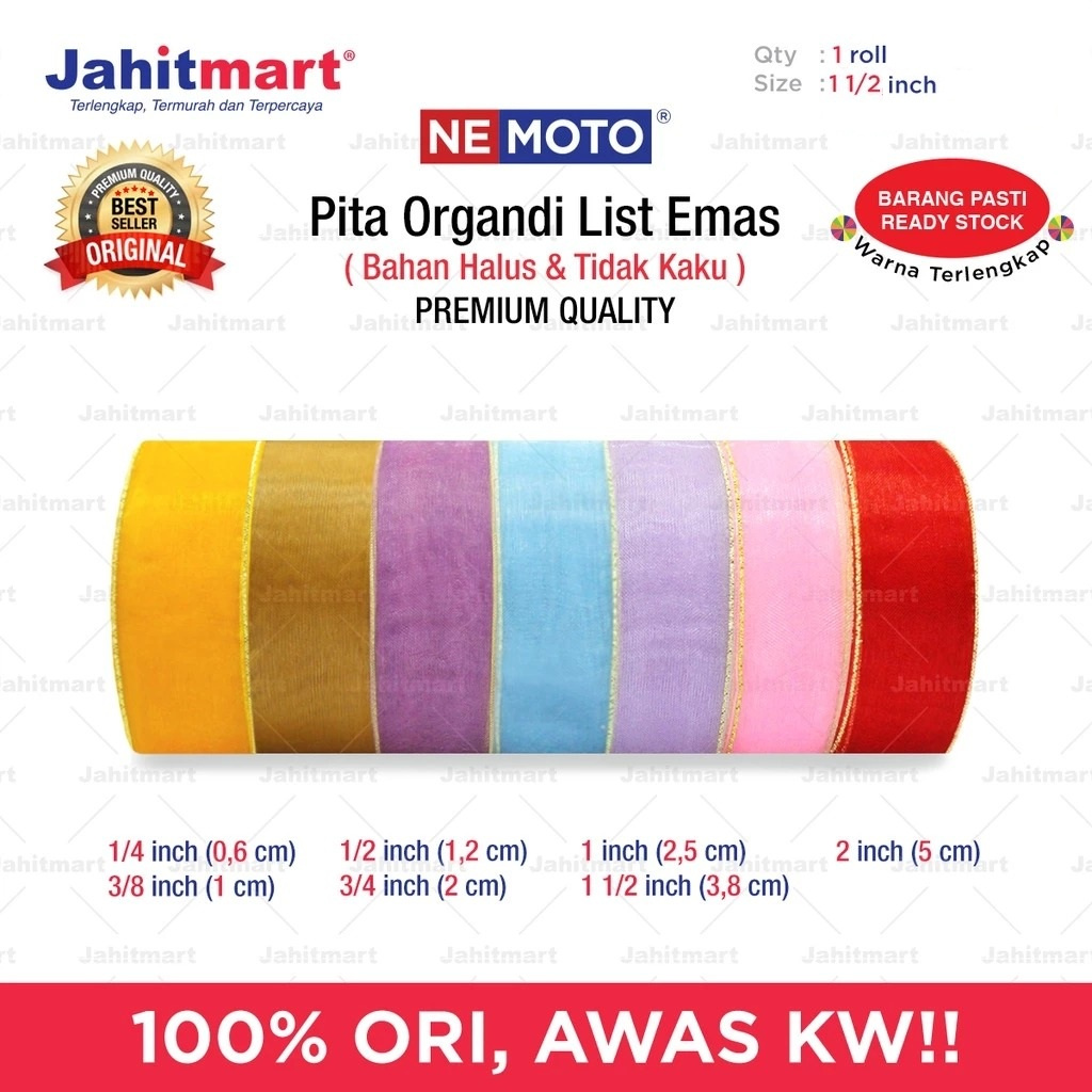 

Pita Organdi List Emas Merk NEMOTO - 1 1/2inch /Roll