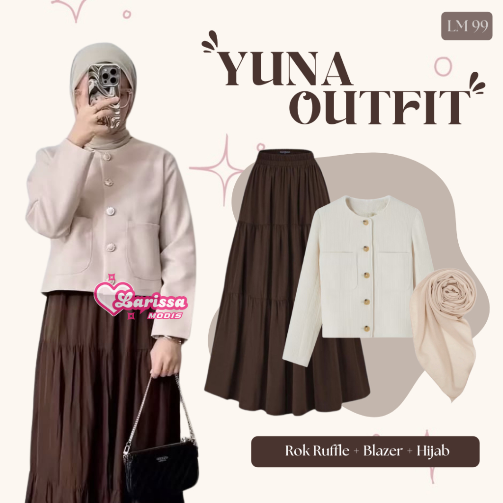 Setelan Rok Wanita Kekinian Set Fashion Muslim | Gemma Blazer Cream, Rok Ruffle, Hijab One Set LM99