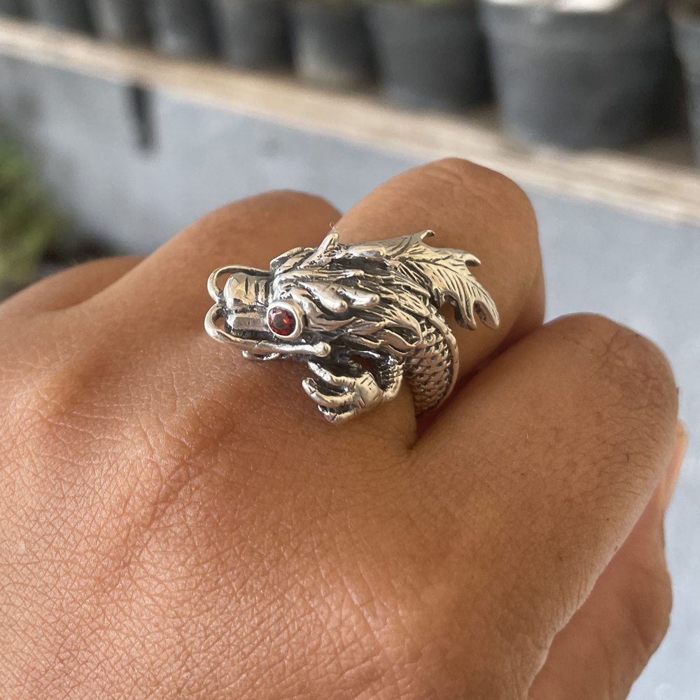 Cincin Ring Perak silver Bali Asli 925 Ukir Naga Dragon Besar Jenggot Kumis Wanita Pria Laki Custom 