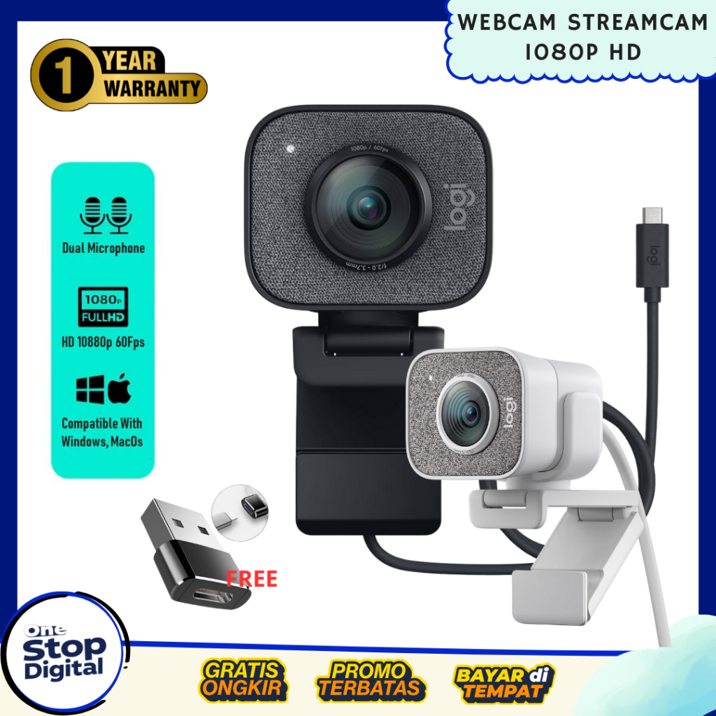 Logitech StreamCam Webcam Streaming 2.1MP Full HD 1080p 60fps USB-C untuk YouTube, OBS, Zoom