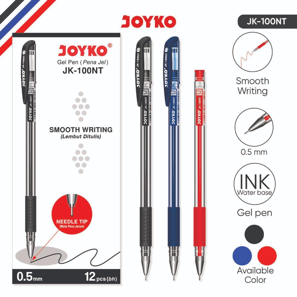 

1 Pack Isi 12 Pcs Pulpen Gel JOYKO JK-100NT 0.5mm Needle Tip Hitam Biru Merah - LimiMart
