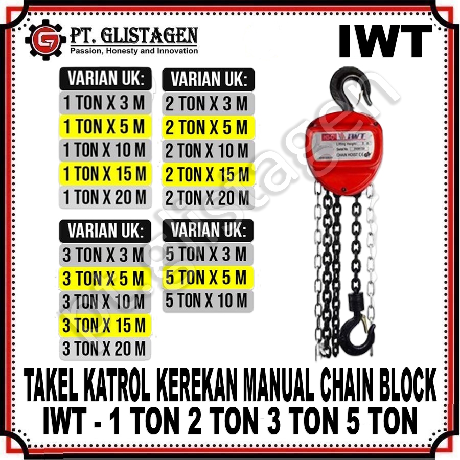 IWT Chain Block Blok Tackle Takel Katrol 2 Ton Panjang 3M 5M 10M 15M 20M Takel Katrol Kerekan Manual