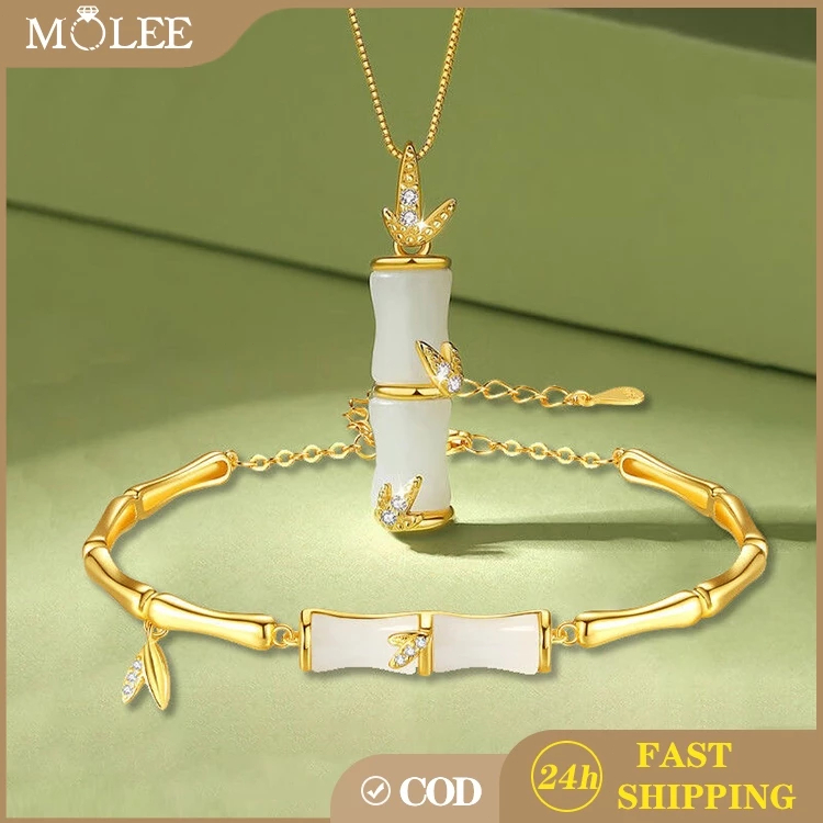 MOLEE Gelang Giok Wanita Desain Bambu Lapis Emas 24K - Giok Hetian Asli Original dengan Segmen Ruas 